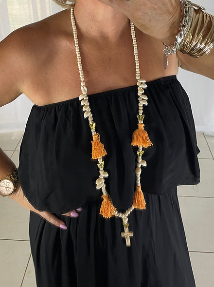 Tassel Cross Shell Necklace - Orange
