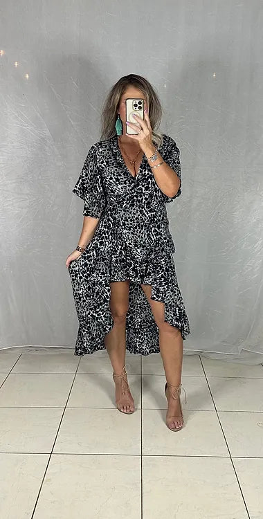 Ella Flutter Wrap Dress - Black Leopard