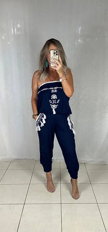 Embroidered jumpsuit - Navy + white tassels