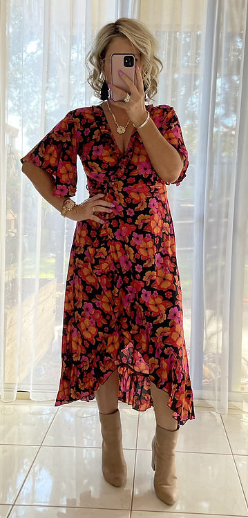 Ella Flutter Wrap Dress - Firestone floral **disc