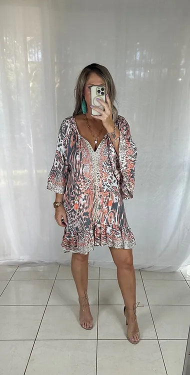 Sequin Tassel Dress - Pink Leopard