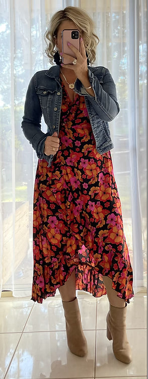Ella Flutter Wrap Dress - Firestone floral **disc