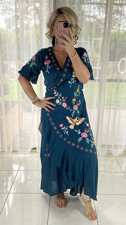 Embroidered Wrap Dress - Dark Blue
