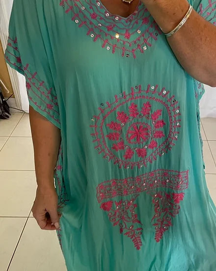 Kaftan - Aqua with Dark Pink Embroidery Sequins