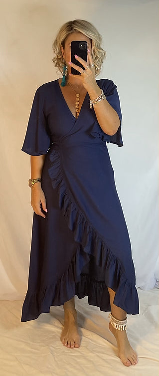 Ella Flutter Wrap Dress - Navy