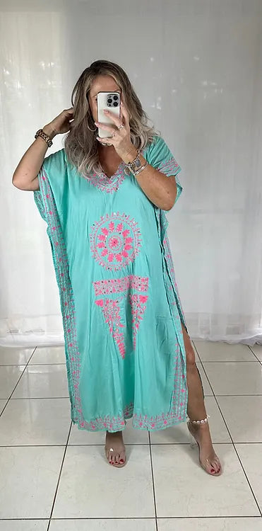 Kaftan - Aqua with Dark Pink Embroidery Sequins