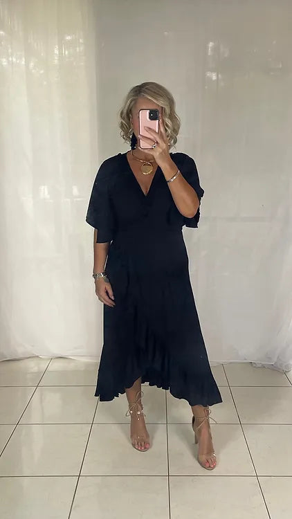 Ella Flutter Wrap Dress - Black