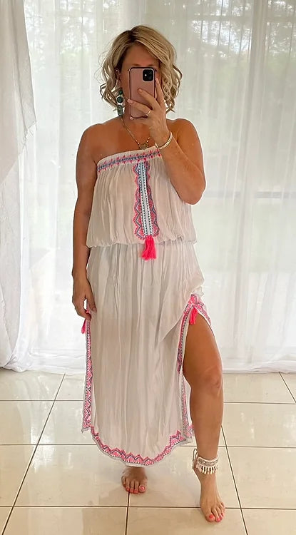 Strapless Embroidered maxi Dress - White