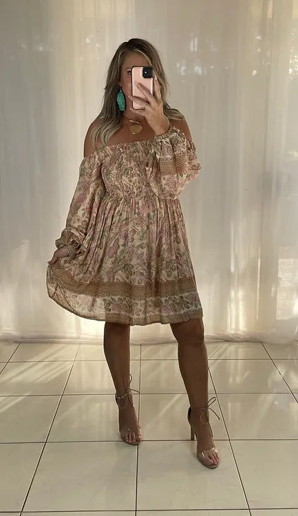 Tellulah Off Shoulder Shirred bust Dress -Blush
