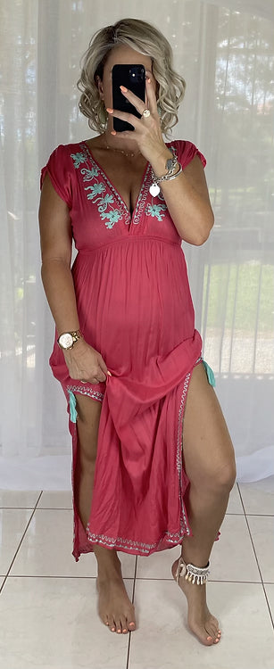 Embroidered Maxi Dress - Red