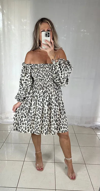 Tellulah Off Shoulder Shirred bust Dress - Cream Leopard