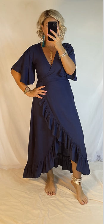 Ella Flutter Wrap Dress - Navy
