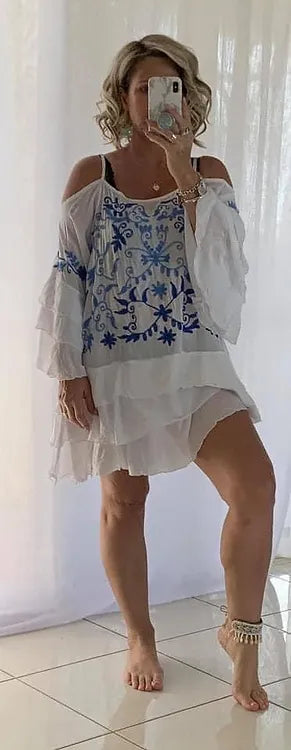 Embroidered Cold Shoulder Dress - White + Blue