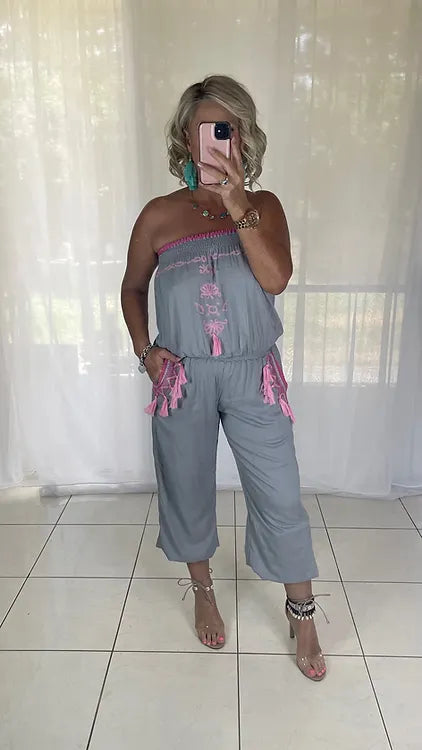 Embroidered jumpsuit - grey + pink