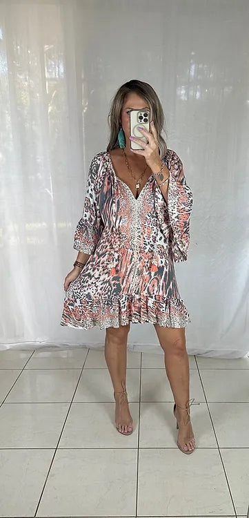 Sequin Tassel Dress - Pink Leopard