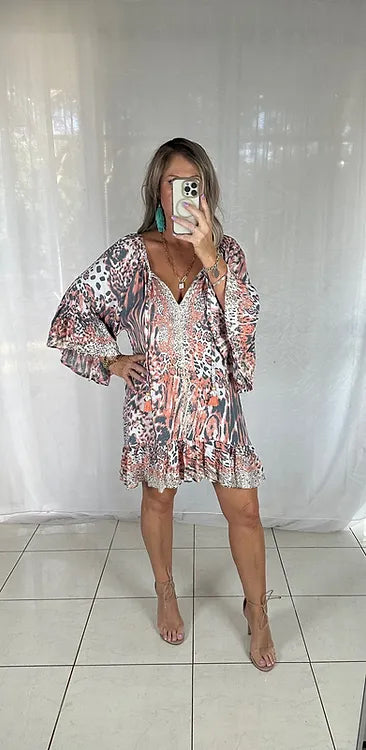 Sequin Tassel Dress - Pink Leopard