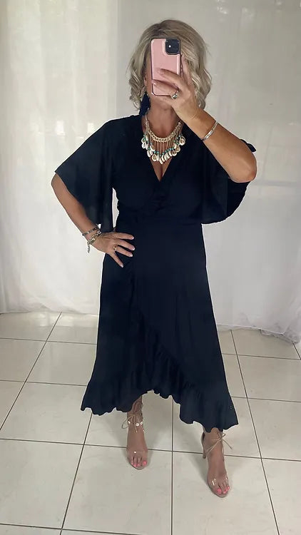 Ella Flutter Wrap Dress - Black
