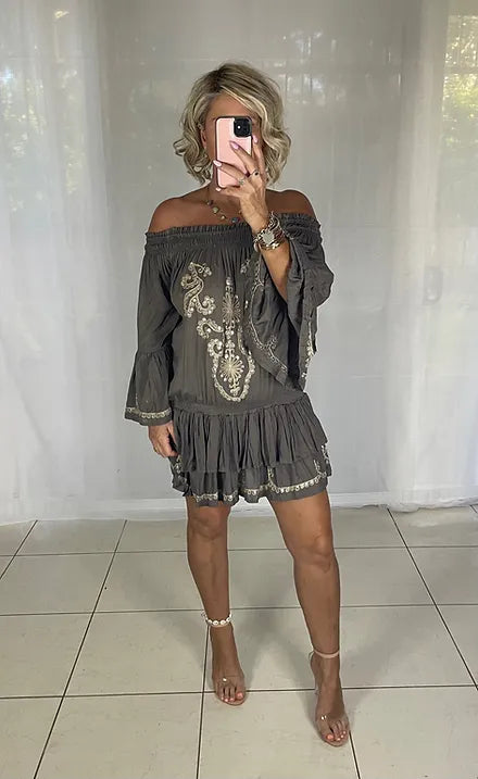 Sequin Ruffle Dress - Chocolate 10-14 (elastic waist)
