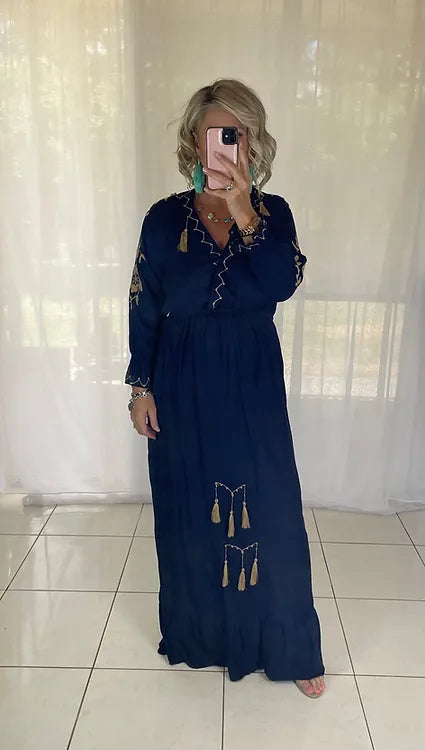 Embroidered Maxi Dress - navy