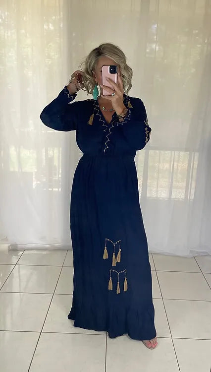 Embroidered Maxi Dress - navy
