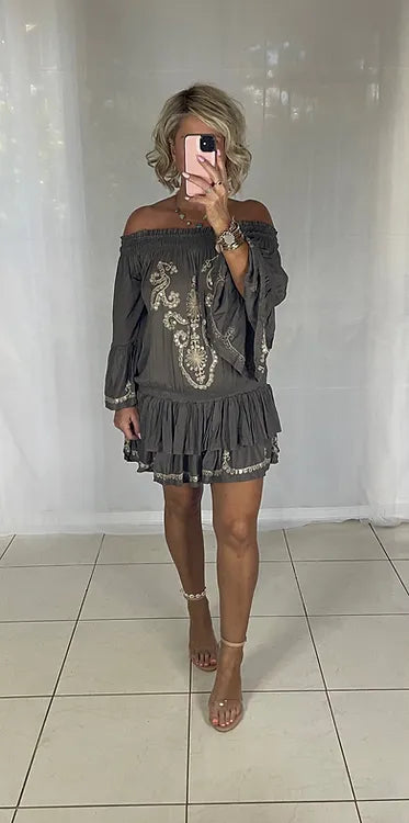 Sequin Ruffle Dress - Chocolate 10-14 (elastic waist)