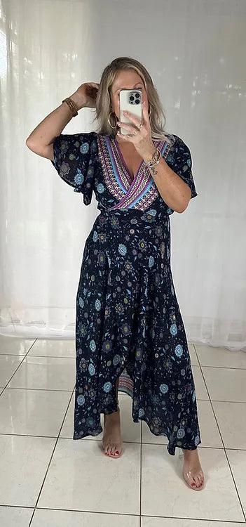 Ella Flutter Wrap - Navy + Pink **disc