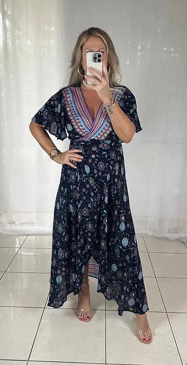 Ella Flutter Wrap - Navy + Pink **disc