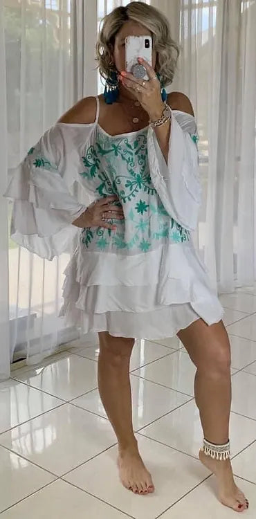 Embroidered Cold Shoulder Dress - White + Green