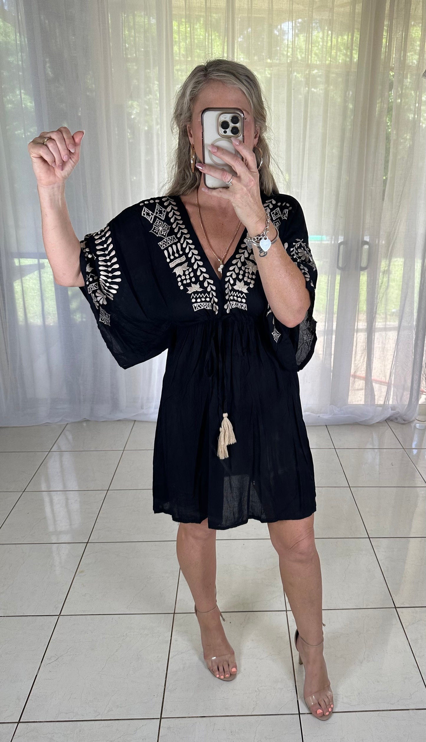 Short Embroidered Kaftan Tassels - Black