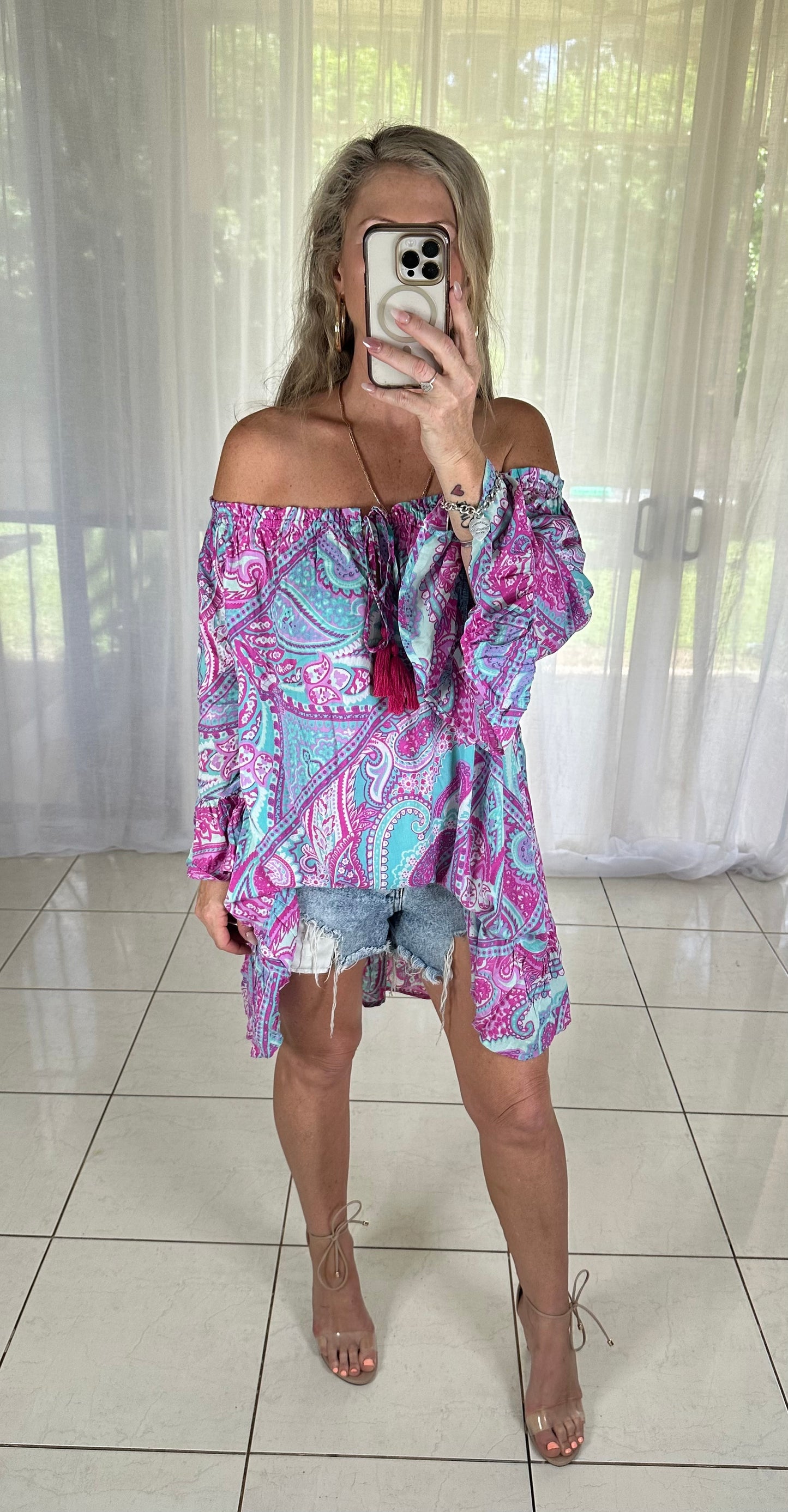 Tie neck Ruffle Dress- 12-14 pink + aqua