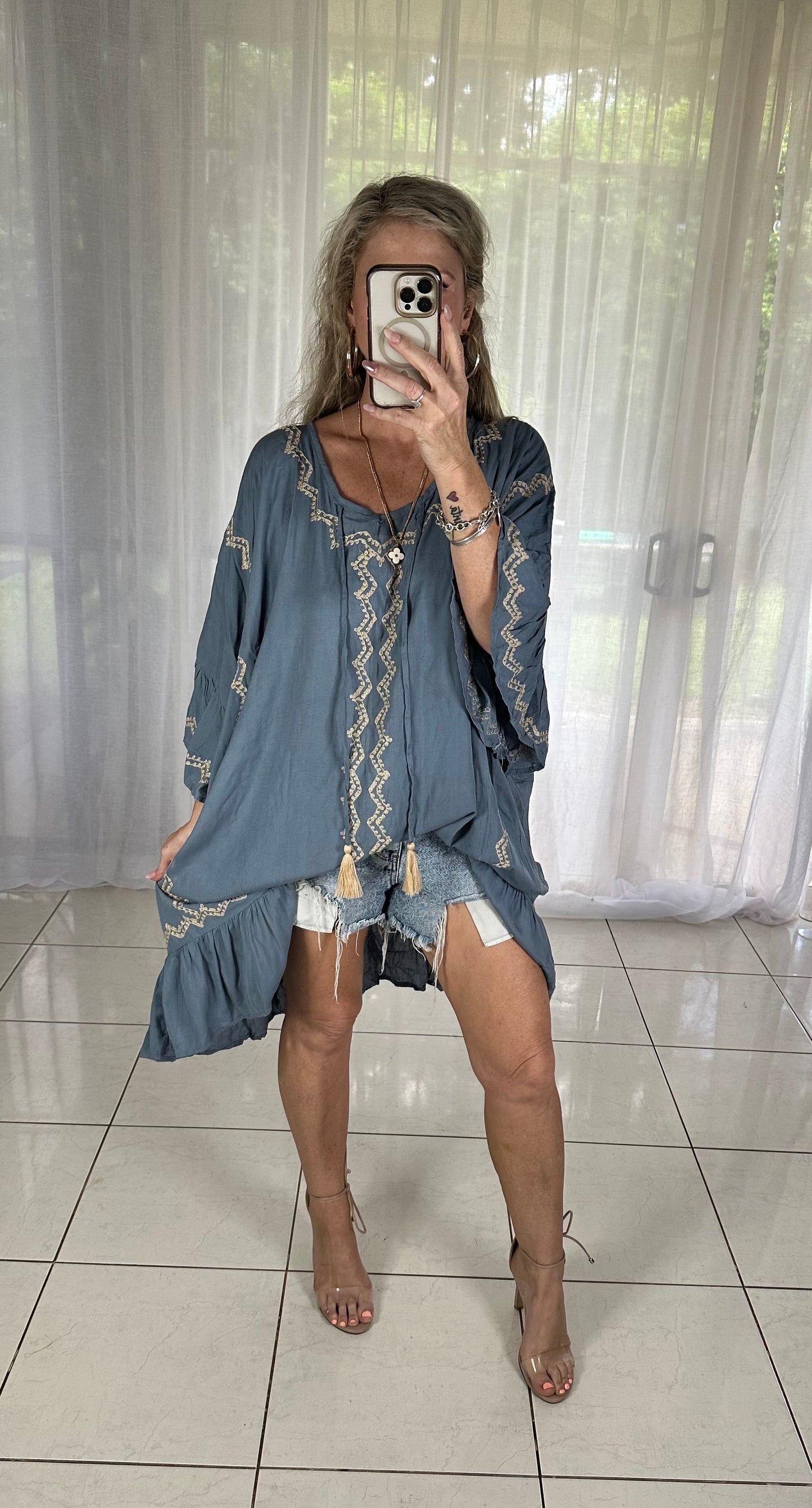 Embroidered Dress - Blue + Beige. Size 12-16