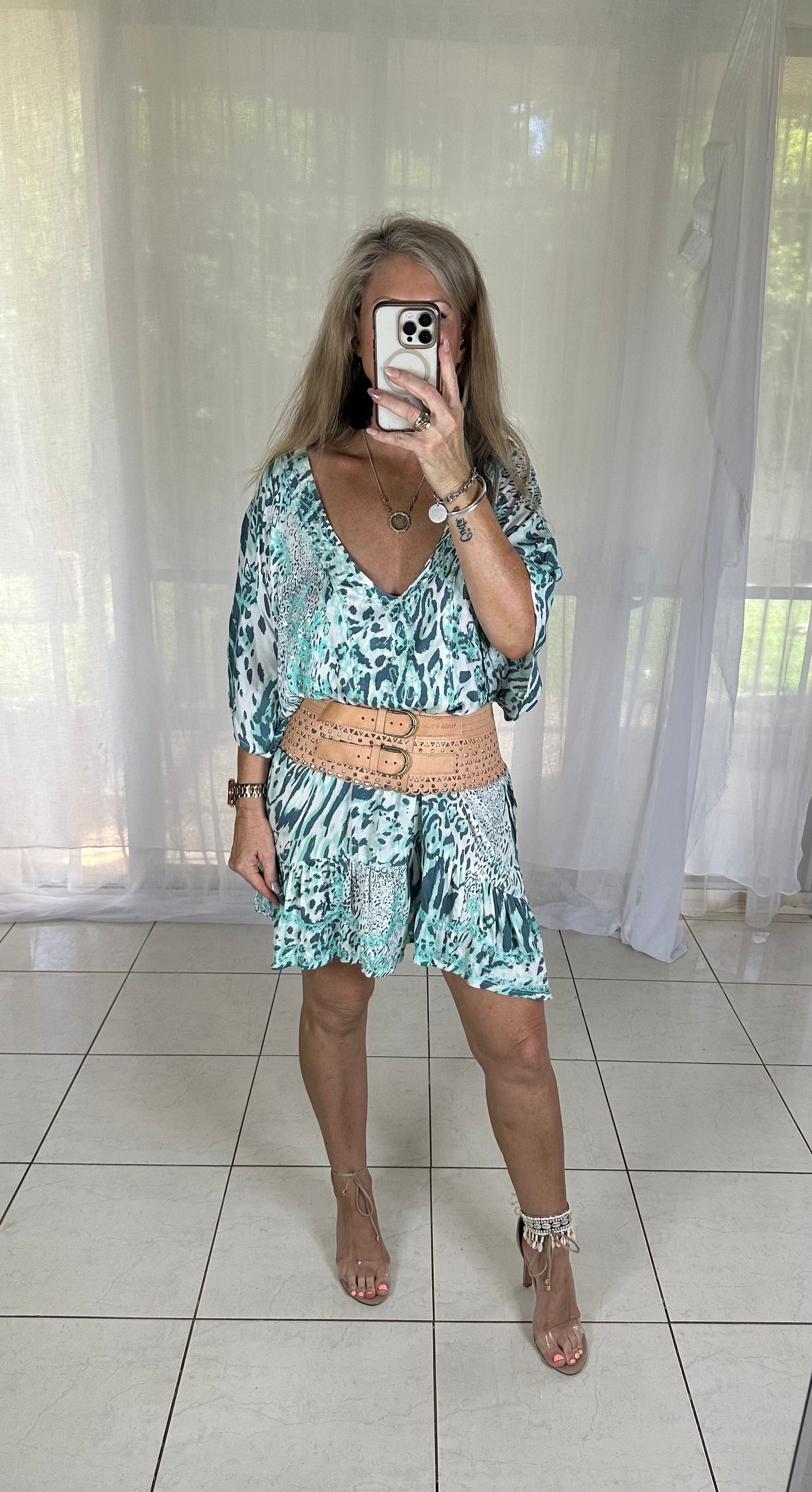 Kaftan Short Sequins - Mint Leopard with beige embroidery Fits 10-16