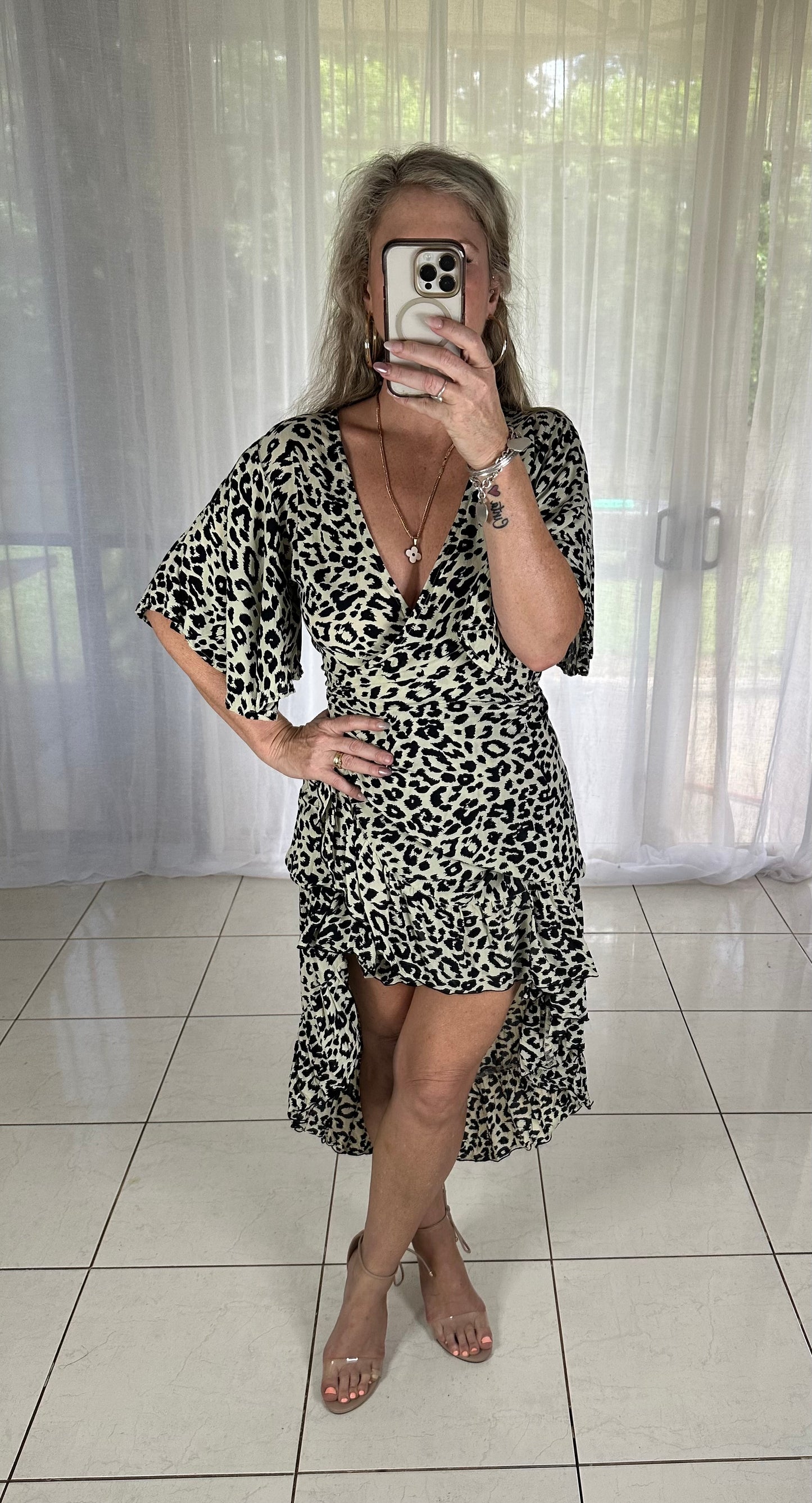 Ella Wrap Dress Flutter Sleeve - Leopard Size 10-12