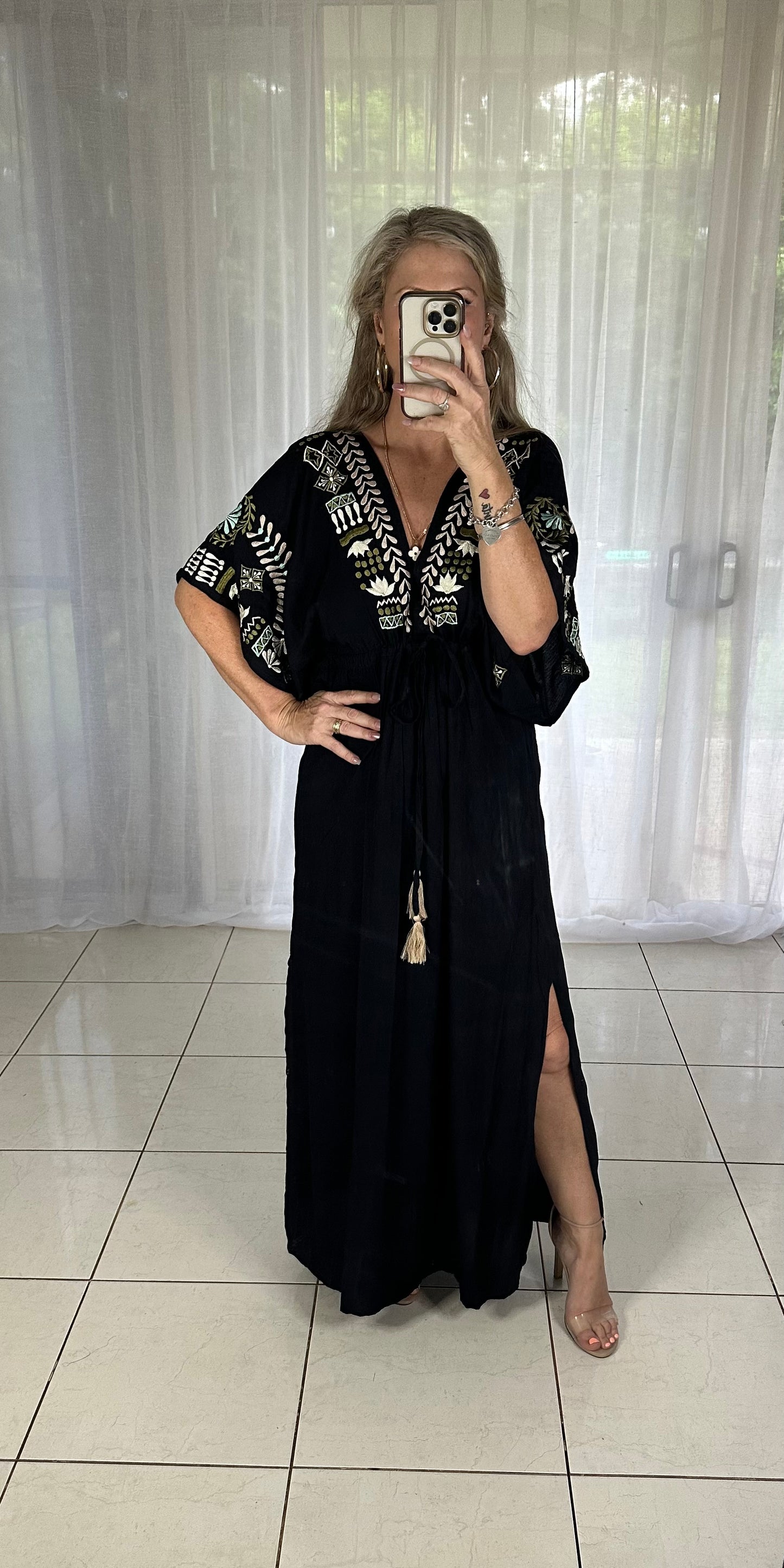 Embroidered Maxi Kaftan Tassels - Black