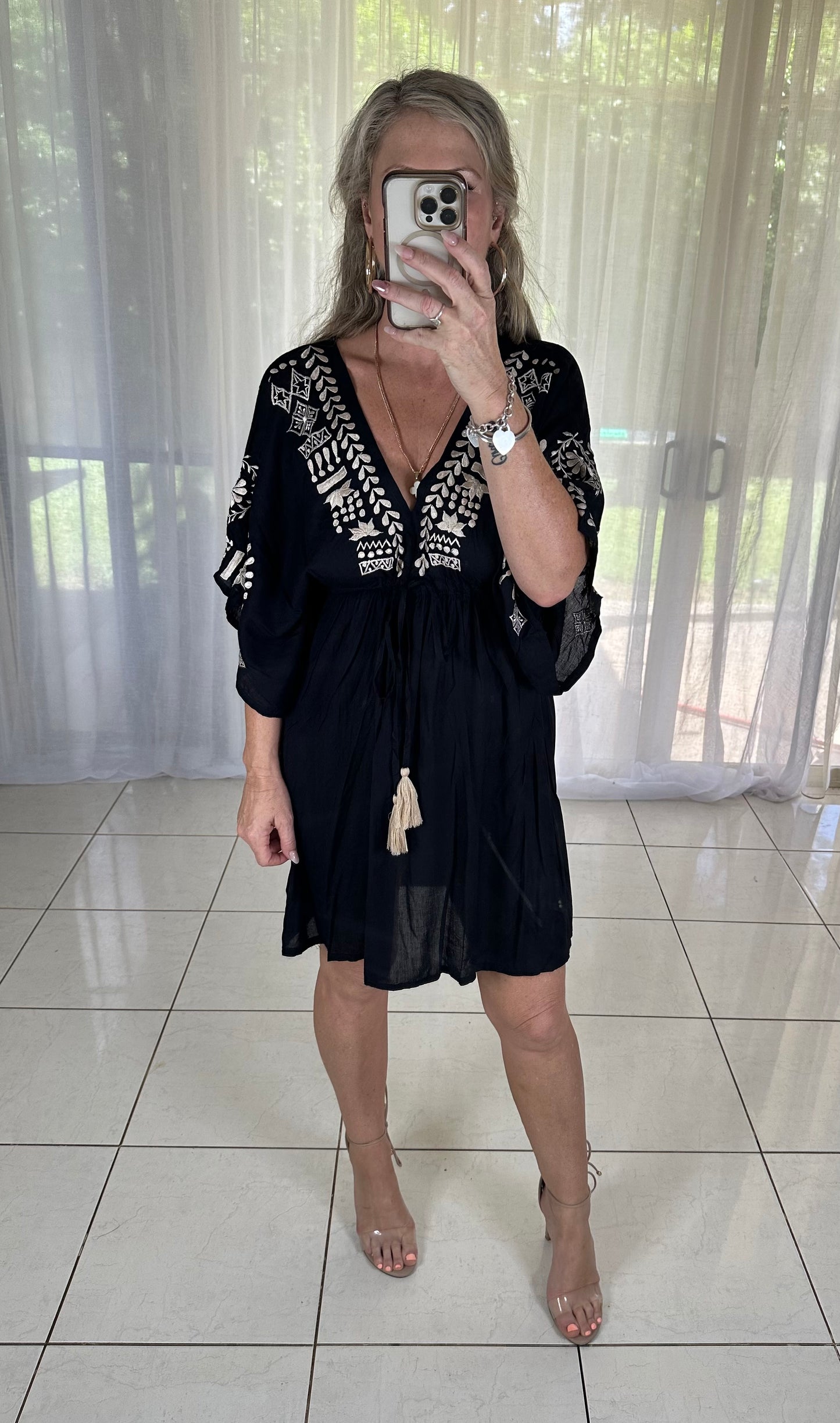 Short Embroidered Kaftan Tassels - Black
