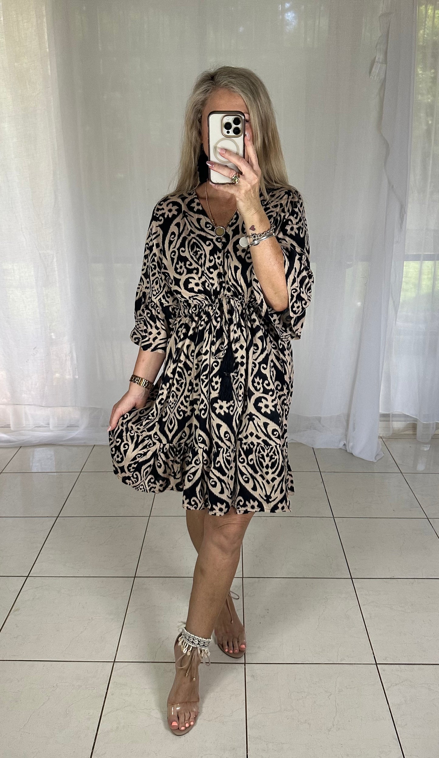 Tie Bust Shift Dress with tassels - Tan + Black