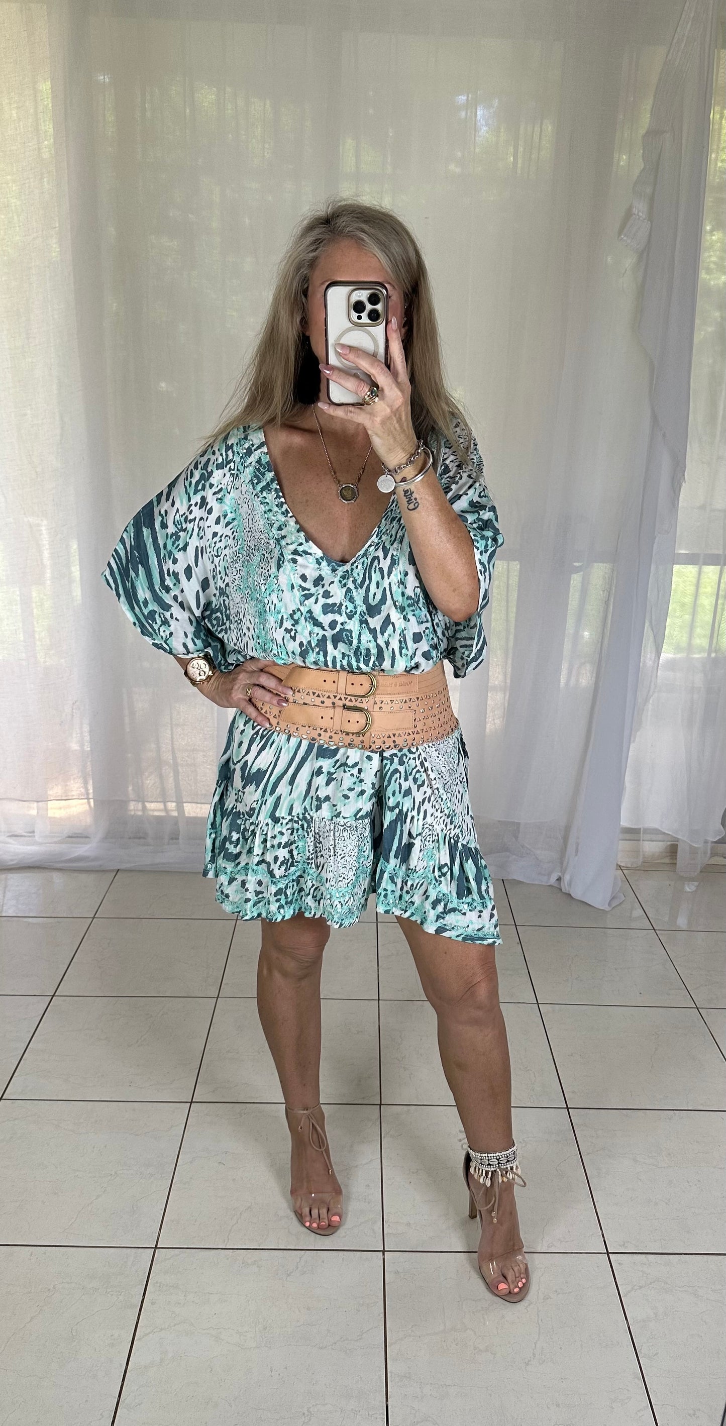 Kaftan Short Sequins - Mint Leopard with beige embroidery Fits 10-16