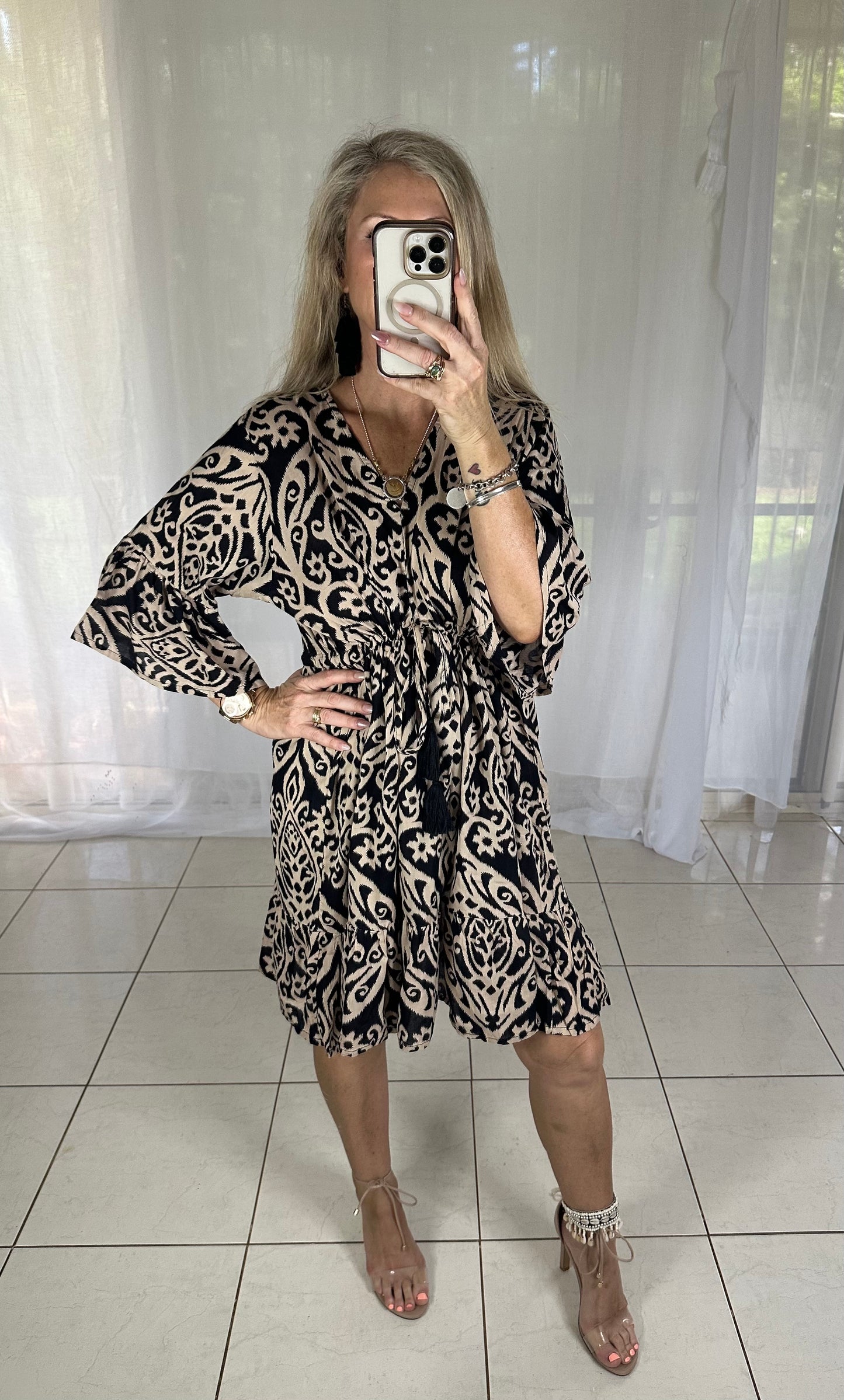 Tie Bust Shift Dress with tassels - Tan + Black