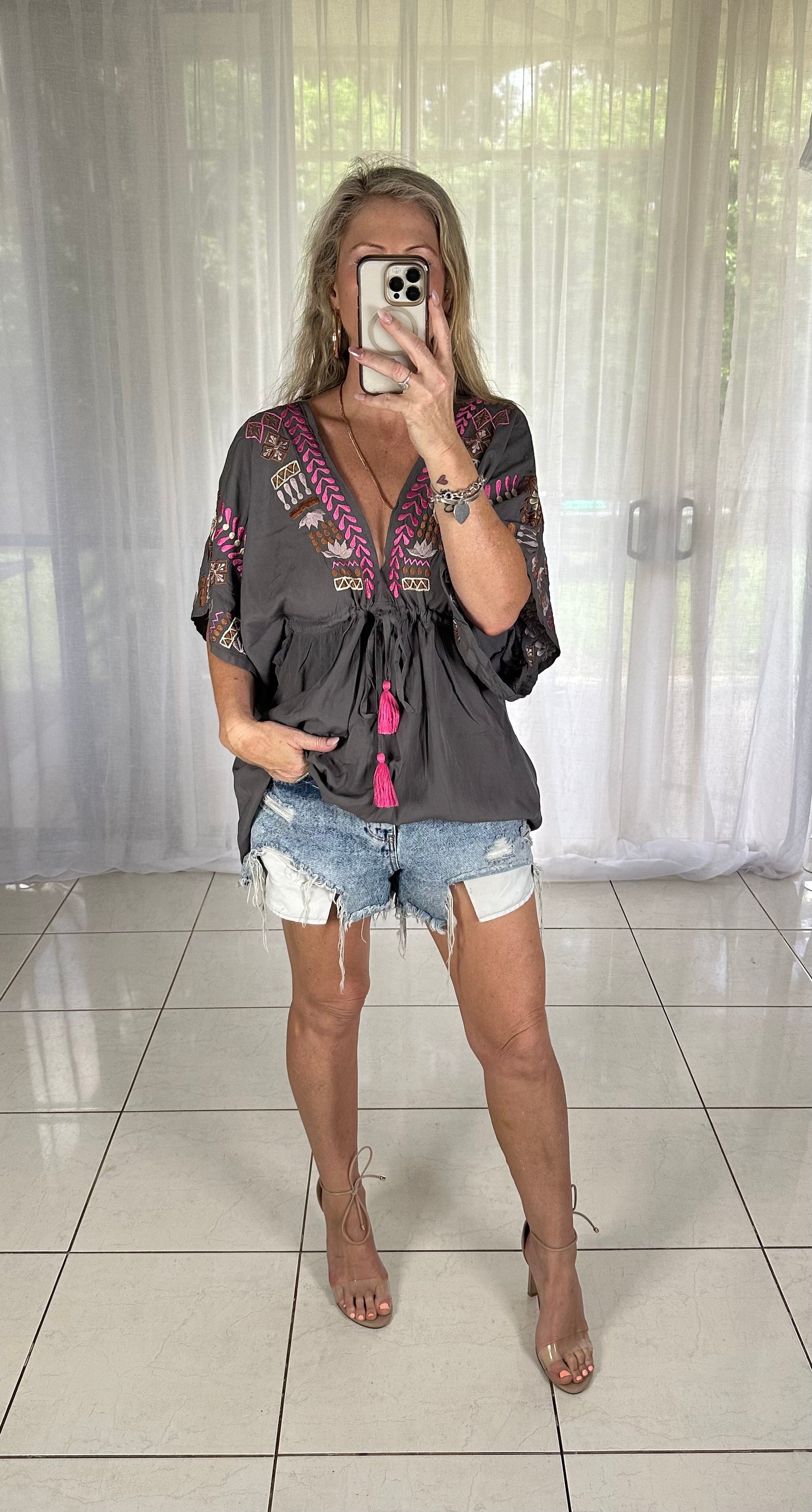 Short Embroidered Kaftan Tassels - Brown