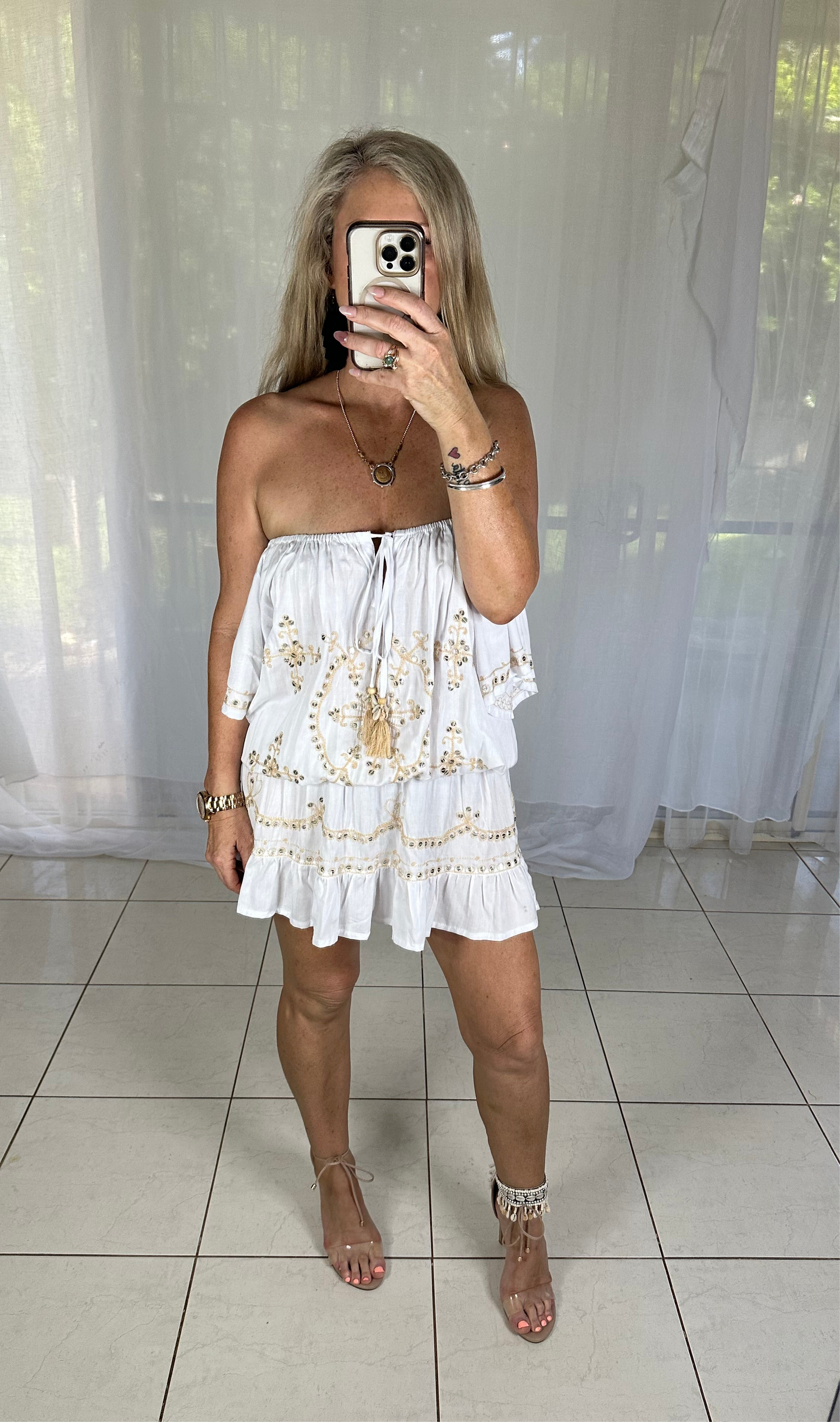 Sequin Elastic waist - White