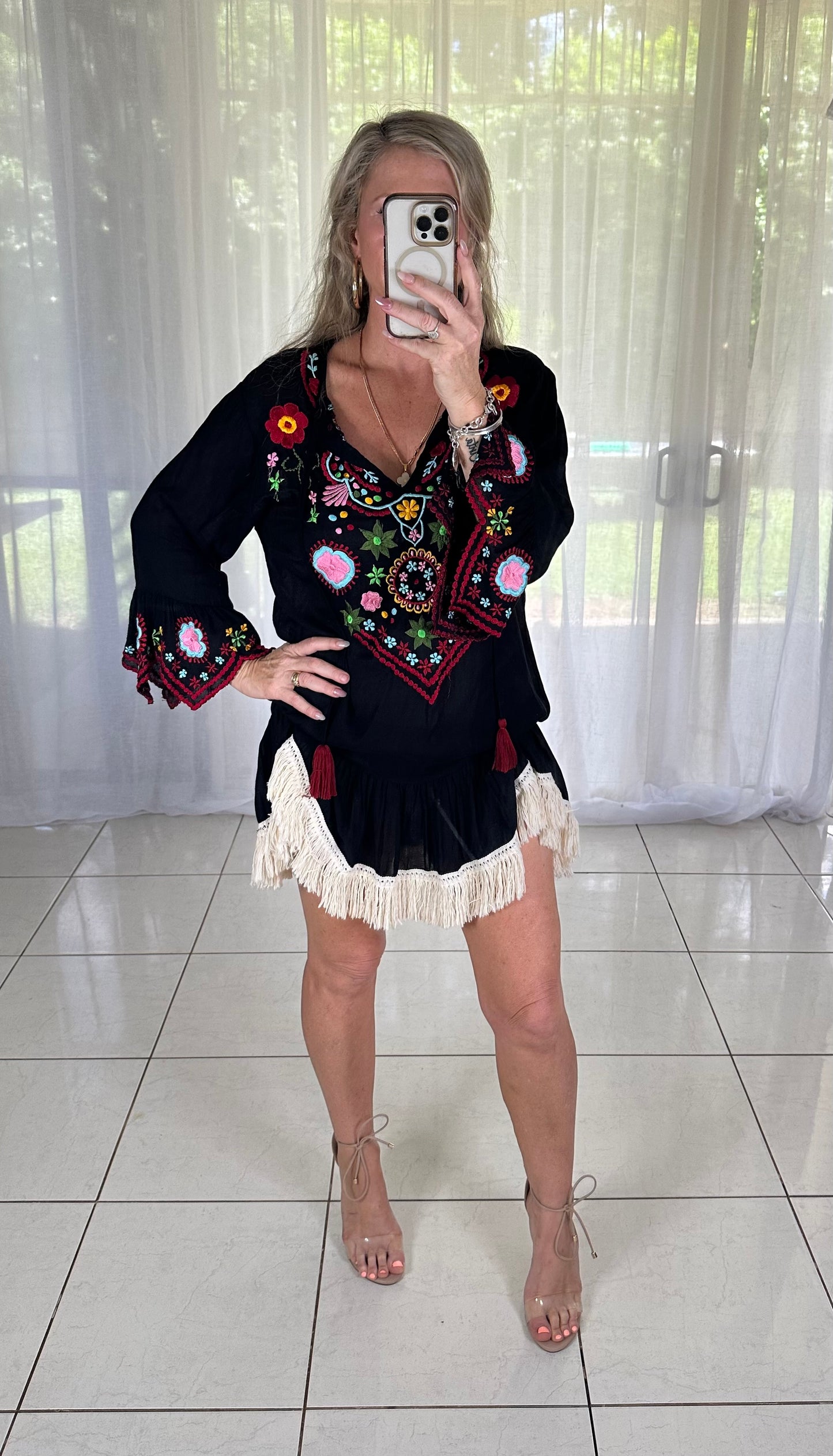 Embroidered Black Fringe Dress