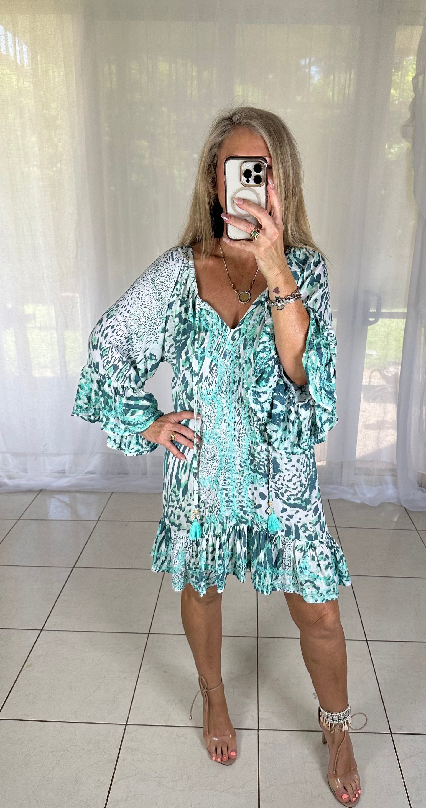 Sequin Tassel Dress - Mint Leopard