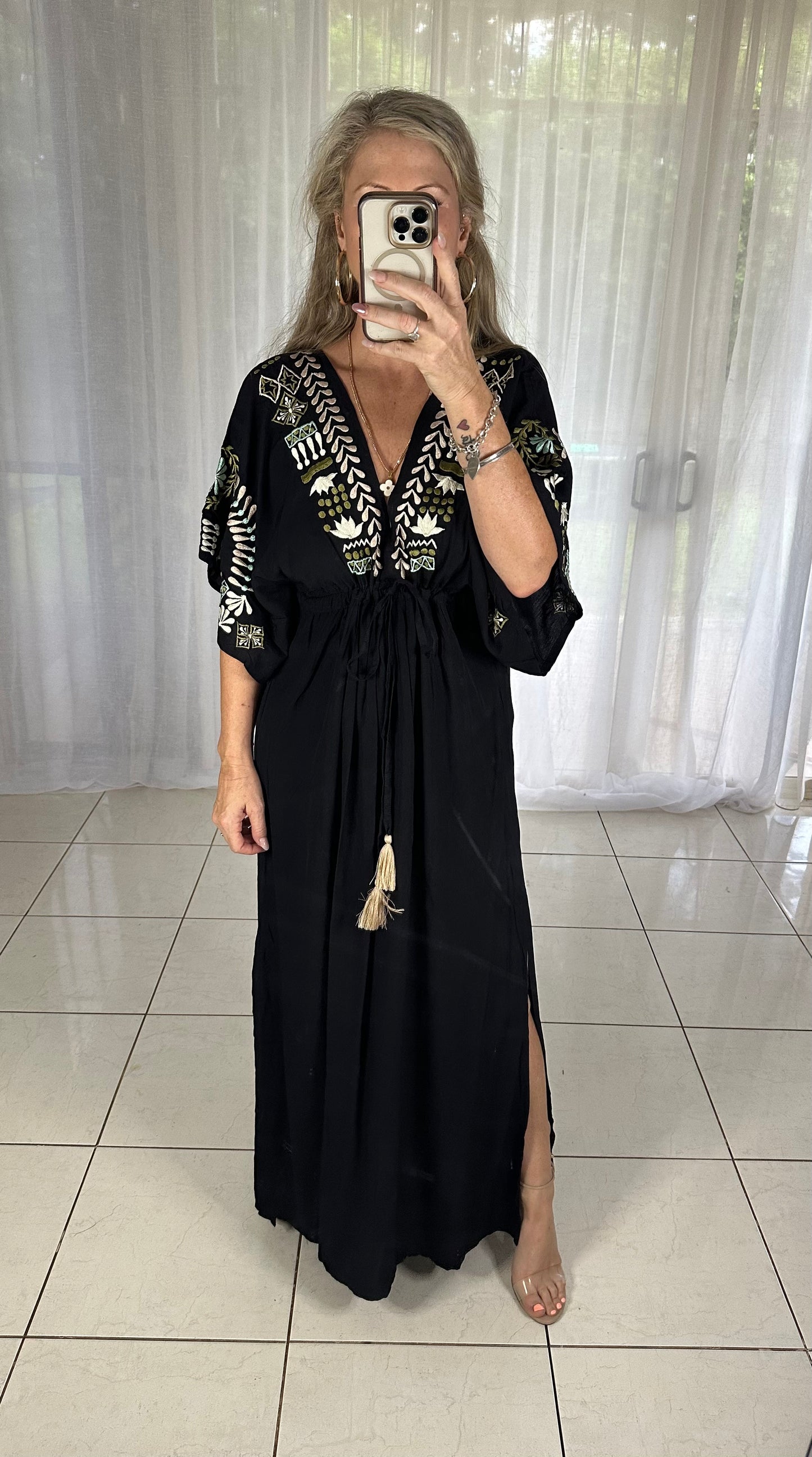 Embroidered Maxi Kaftan Tassels - Black