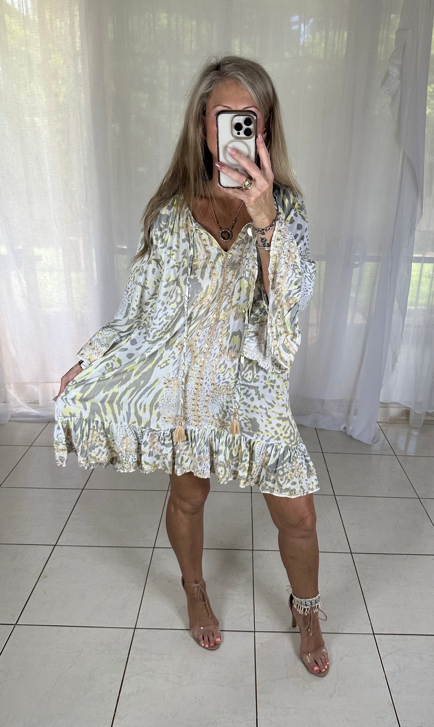 Sequin Tassel Dress - Lemon Leopard