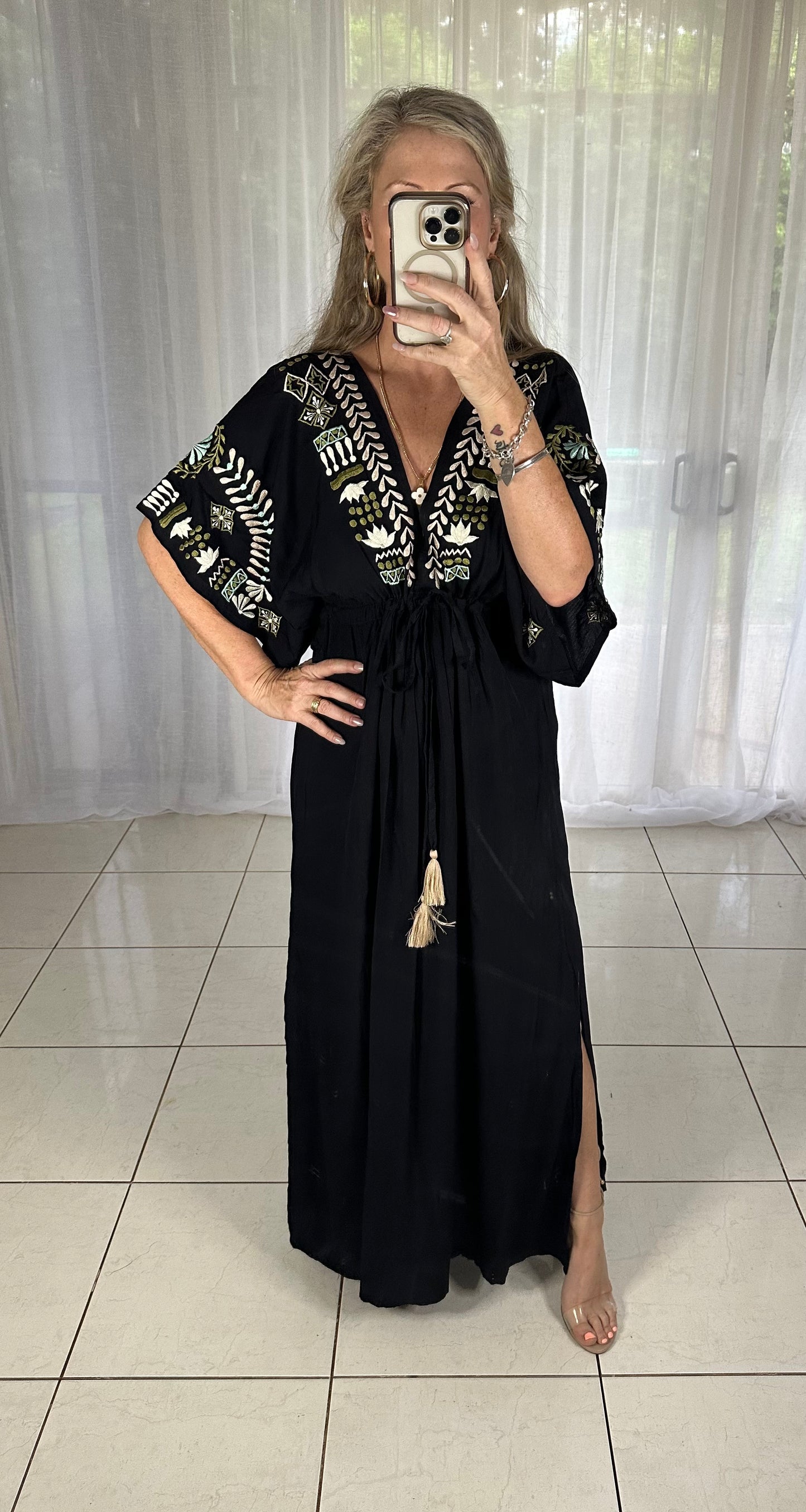 Embroidered Maxi Kaftan Tassels - Black