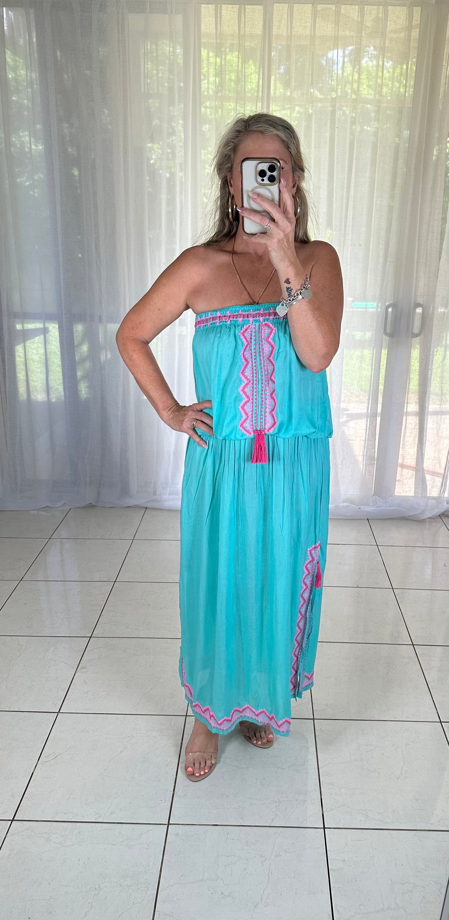 Strapless Embroidered maxi Dress - Aqua