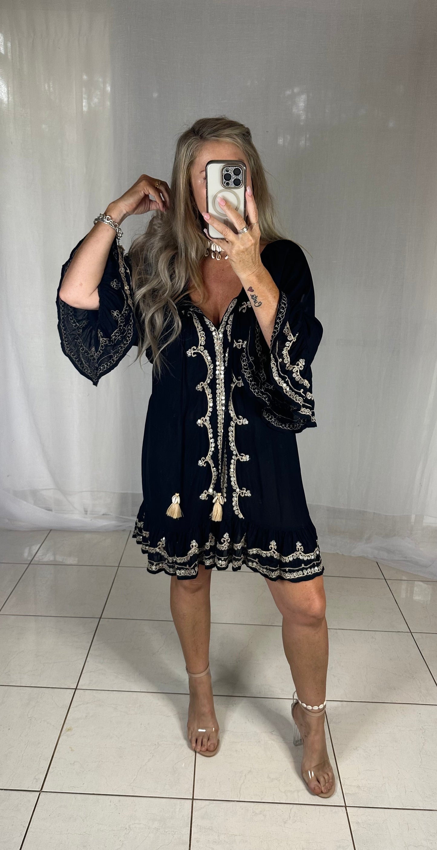 Sequin Tassel Dress - Black + Beige embroidery