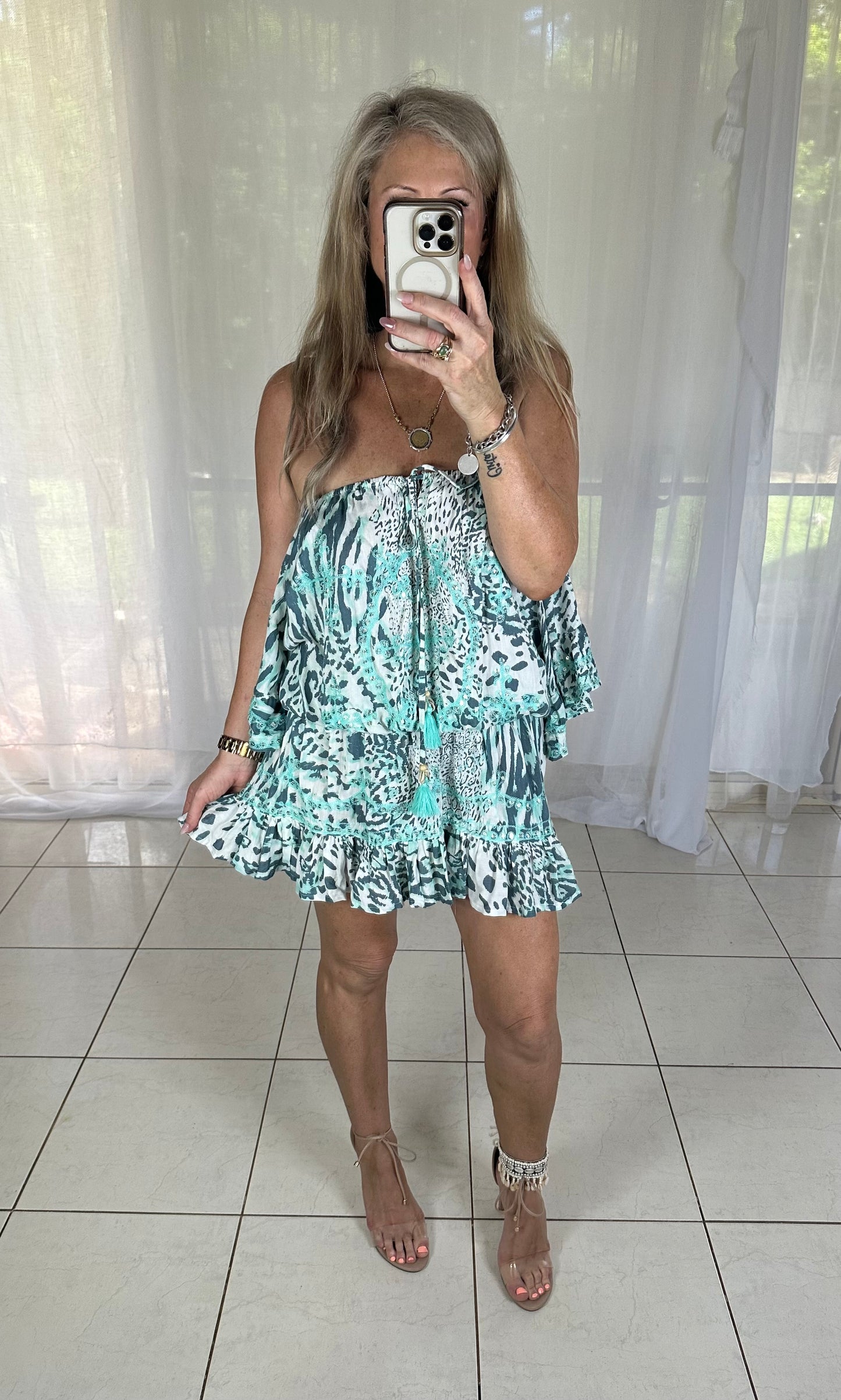 Sequin Dress- Elastic waist mint leopard