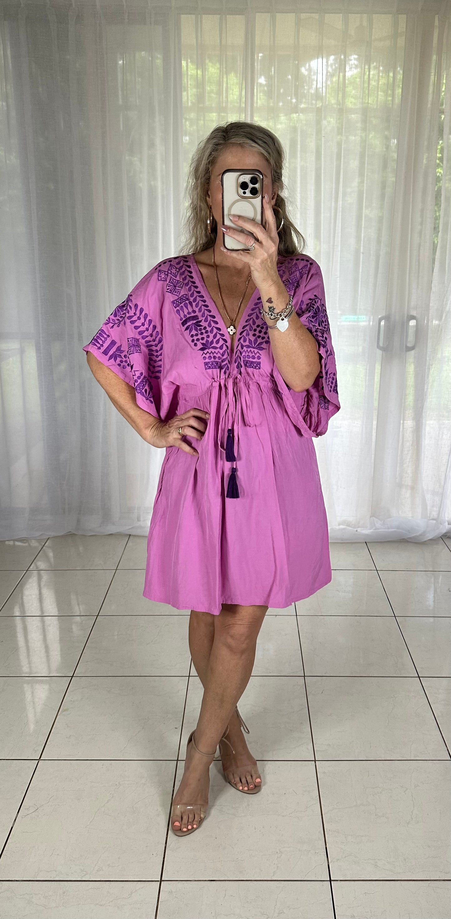 Short Embroidered Kaftan Tassels - Pink