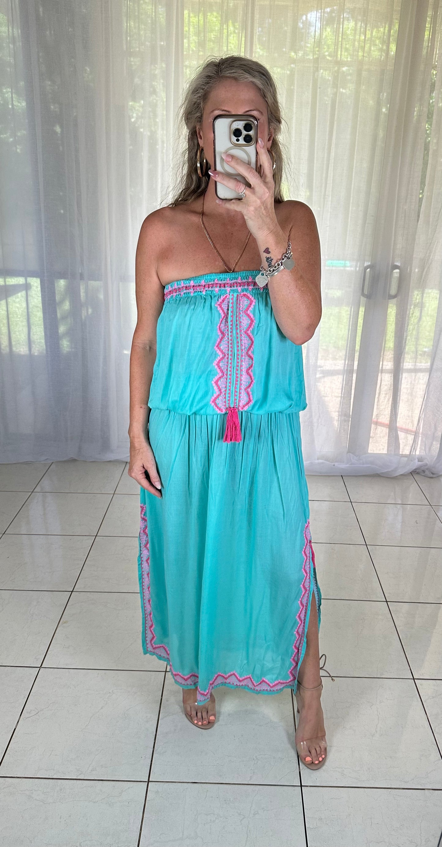 Strapless Embroidered maxi Dress - Aqua